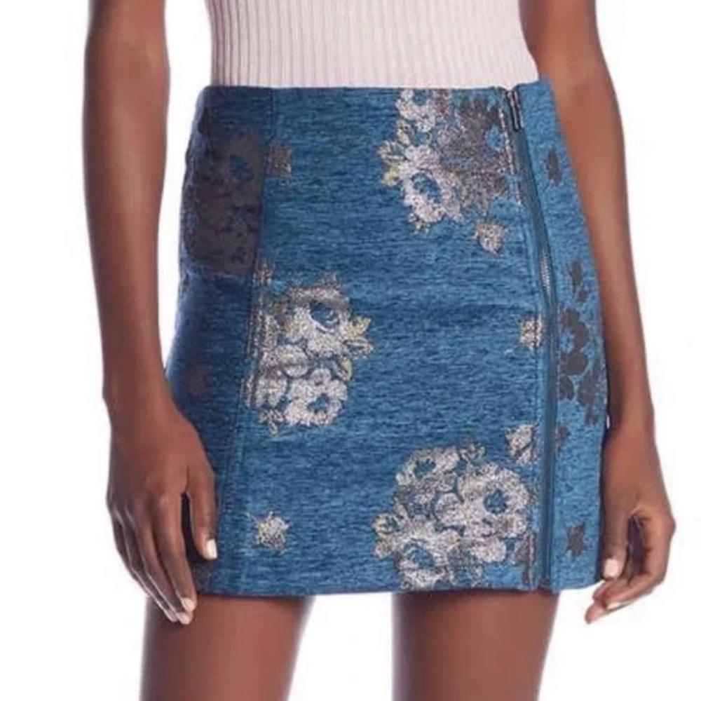Free People Blue Floral Metallic Mini Skirt